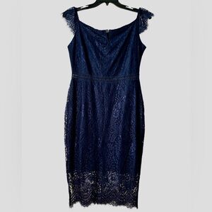 Allanwell Blue Floral Lace V Neckline Midi Bodycon XL Cocktail Dress